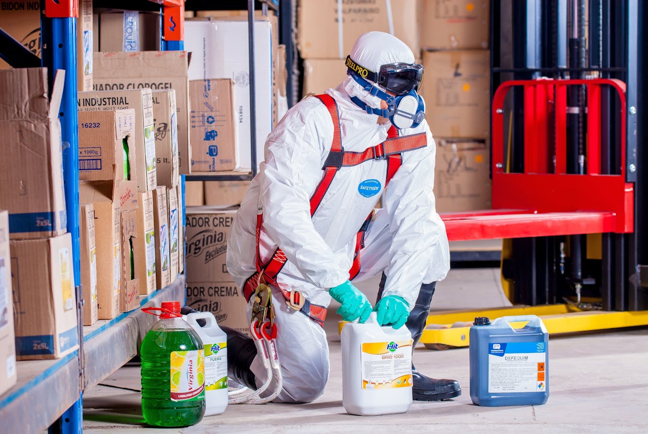 Services-01 Industrial worker in protective gear handling chemicals in a warehouse environment.